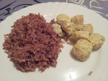 Saint Jacques gratinées sur lit de riz rose