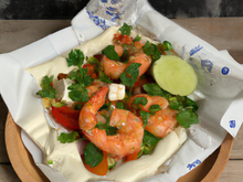 Papillote de chorizo, crevettes et légumes cremes au persil