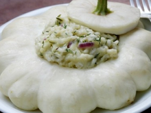 Risotto à la crème de pâtisson, oignons rouges et courgettes