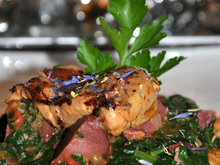Foie gras poêlé sur fricassée de gésiers au Rivesaltes et paillasson
