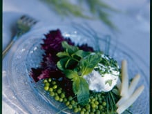 Fond de petits pois dans leur jus tiède à la menthe infusée et chèvre