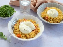 Risotto d’orzo aux tomates cerises confites et burrata