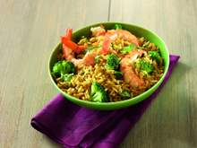 Riz complet au curry, crevettes et brocolis