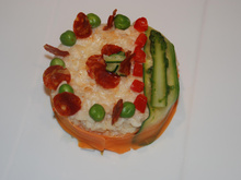 Risotto au miso blanc, petits légumes et chips de chorizo