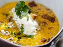 Velouté potiron, patates douces et Salakis nature