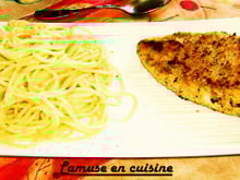 Poulet en croûte de noisettes et spaghettis au citron