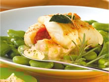 Rôti de cabillaud aux fèves tièdes