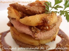 Aiguillettes de canards poêlées aux pommes et abricots