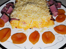 Gratin de riz et d'abricots au jambon de pays et au gouda