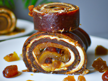 Gâteau roulé au caramel de fruits secs au chocolat et poudre de nougatine