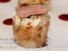 Nems croustillants de céleri et poire au cœur de roquefort et noix et sa bouche d'aiguillette de canard réduction de balsamique et porto au coulis de betterave