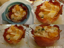 Petits paniers de jambon de la forêt noire,avec butternut, comté, roquefort, pommes granny et amandes