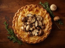 Tourte automnale aux pleurotes, vesses de loup perlées châtaignes et canard