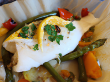 Cabillaud en papillote à l'orientale et son aumonière de légumes