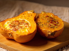 Courge butternut rôtie, lardons, crème et ses épices