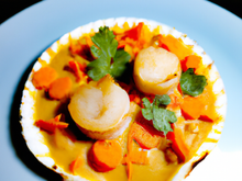Coquille Saint-Jacques dans sa coquille, huile de curry et carottes fondantes