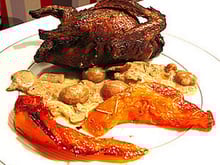 Pigeons flambés et potiron caramélisé