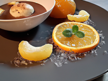 Soupe de clémentine, sa gelée d'orange mentholée et son sorbet cacao