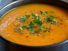 Potage pomme de terre, patate douce, curry