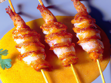 Brochettes de lapin chenille aux trois purées