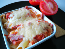 Gratin de pâtes au jambon de Bayonne ,tomates confites et mascarpone