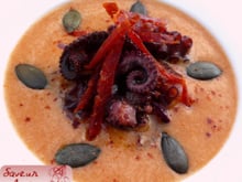 Gaspacho Ariaké de potimarron, poulpe et chorizo ibérique