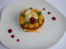 Tartelette au melon, framboise, basilic et huile d'olive