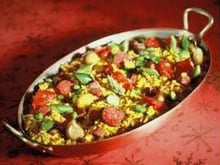 La paella de légumes du moment, duo de riz de Camargue safrané