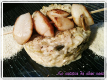 Risotto de poireaux et sa brochette de saint-jacques