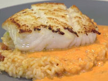 Pavé de cabillaud Skrei de Norvège à la plancha, coulis de poivron rouge et risotto crémeux au chorizo