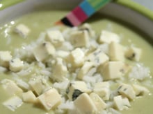 Velouté complet poireaux, pommes de terre-fourme d'ambert, riz