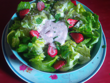 Salade de laitue et fraises à l'estragon avec sa crème cajou
