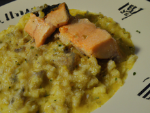 Risotto à la citronnelle et au beurre d'algue, pavé de truite des Pyrénées à l'unilatérale