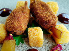 Croquettes de canard et foie gras condiment pomme mostarda