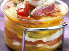 Feuilles à feuilles de Tomates de France, aubergine, mascarpone et rougets