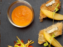 Bouchée de Kadaïf à la Fourme d'Ambert, "ketchup" mangue/poivron rouge