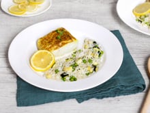 Cabillaud au curry et riz aux légumes verts