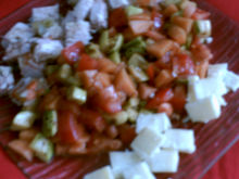 Assiette fraîcheur, tomates, melon, courgette, cantal et poulet