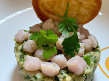 St Jacques et veau en tartare marinés à l'huile d'argan, pesto, coriandre