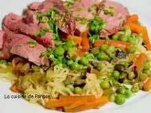 Filet de canard sur un lit de nouilles sautées et ses petits légumes