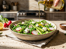 Cette savoureuse salade printanière aux asperges et au chèvre est la solution idéale pour un déjeuner express