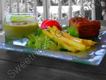 Mousse d'asperge, cake carotte-cumin-noix et sa salade exotique