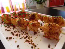 Brochettes de pommes de terre et noix st jacques pané à la chapelure de chorizo