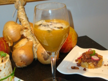 Velouté de courge musquée, émulsion et croûtons de flammenckuche