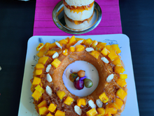 Charlotte à la mangue et coulis de mangues fraîches, rhum et amande amère