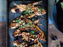 Aubergines de France grillées au miso, noix et graines germées