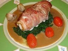 Filet de lotte rôtie bardée au lard et sauce balsamique