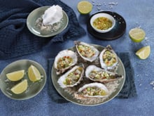 Ceviche d'huîtres au gingembre, pomme Granny et citron vert