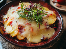 Tartiflette aux légumes et allumettes de lardons fumés