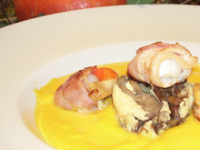 Crème de potimarron et St Jacques au lard paysan
